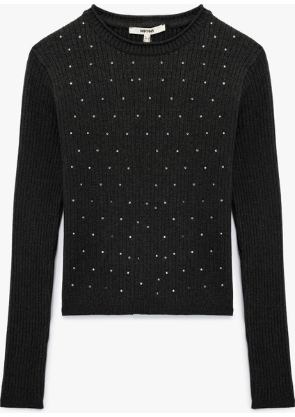 Uzun Kollu Bisiklet Yaka Taşlı Triko Kazak