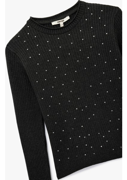 Uzun Kollu Bisiklet Yaka Taşlı Triko Kazak modelleri