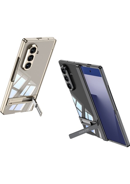 Galaxy Z Fold 7 Kılıf Kamera Korumalı Şeffaf Tasarımlı Zore LEGO Standlı Kapak - Gold