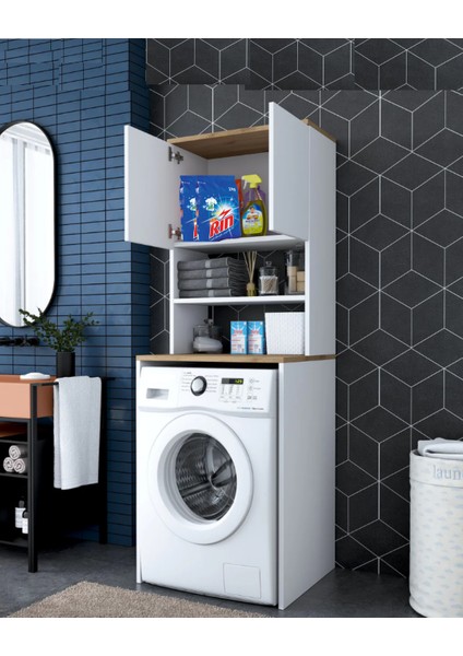Çamaşır Makinesi Dolabı 3 Raflı Kapaklı Banyo Dolabı
