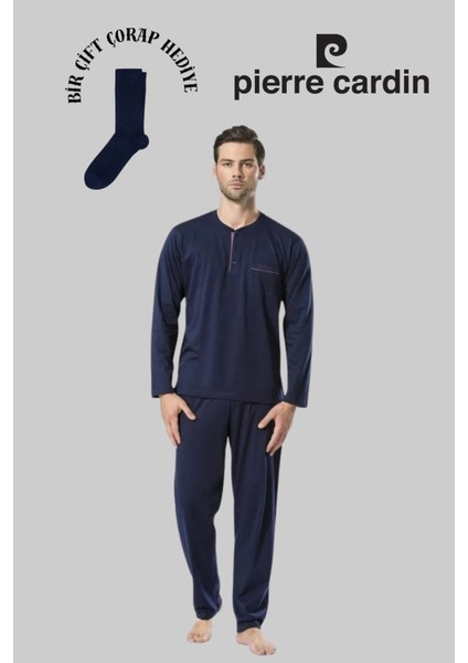 Erkek Lacivert Pamuklu Çeyizlik Kutulu Set 2'li Pijama Takımı (1 Çift Çorap Hediye)