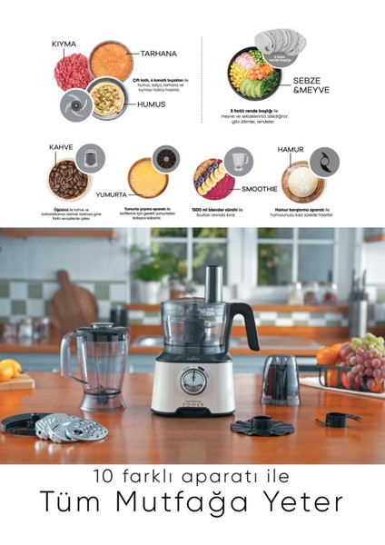 10 Aparatlı Güçlü Mutfak Gıda Hazırlama Seti, 2000W ile Tüm Mutfaklar Için!