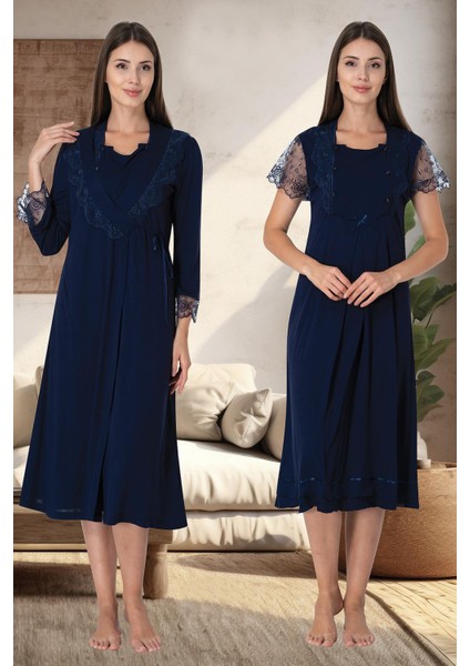 Dantel Detaylı Çift Düğmeli Gecelik Sabahlık Takımı