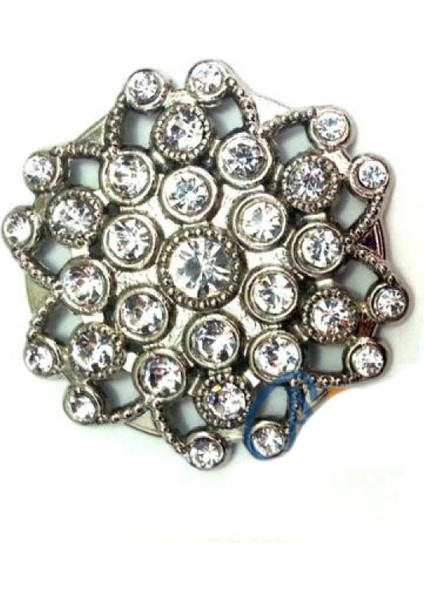 Taşlı Yuvarlak Broş, Sandık Süsü 4,5 cm - Nikel, 1 Adet