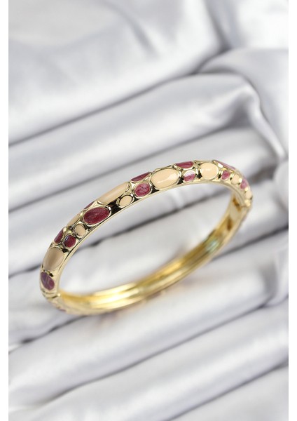 Mineli Pirinç Fuşya ve Krem Petek Motifli Gold Renk Kadın Kelepçe - Lisinya