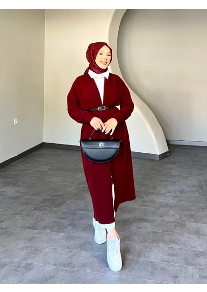 Selin Uzun Kemerli Oversize Triko Yünlü Hırka