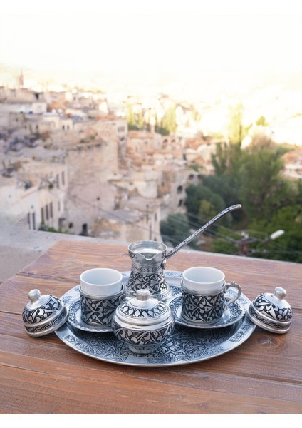 Bakır Kahve Seti Oyma Nakışlı İşleme Gümüş Renk (Kalaylı) fiyatları