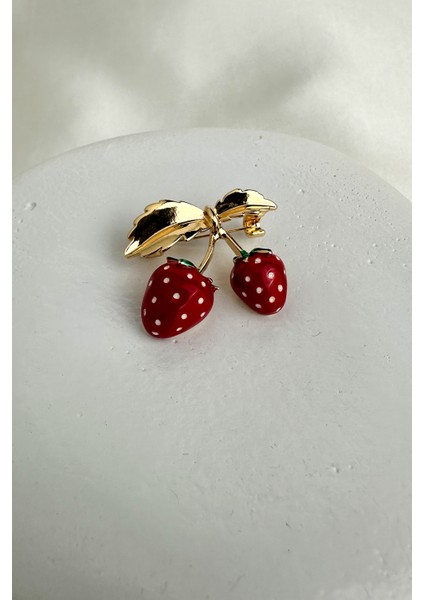 Altın Sarısı Kırmızı Beyaz Mineli Çilek Broş (3cm)