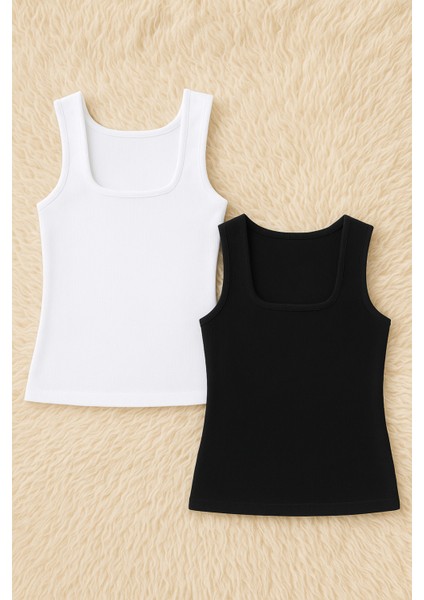 Kadın Kare Yaka Askılı Pamuklu Likralı Penye 2'li Atlet Q6K0K1T4KA