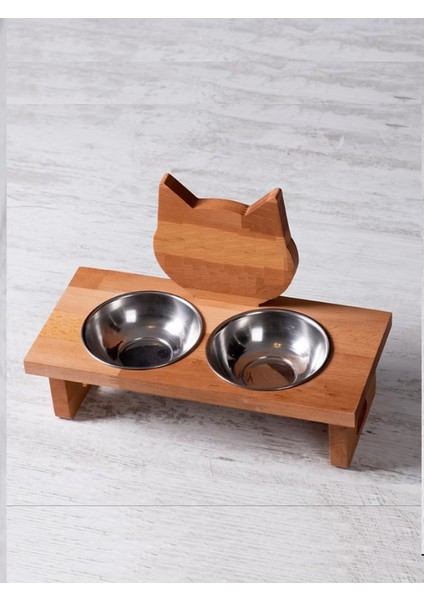 Ahşap, Çelik Kaseli Kedi- Küçük Irk Köpek Mama ve Su Kabı