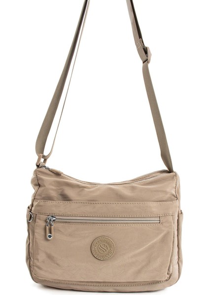 Kadın Çok Cepli Suya Dayanıklı Çapraz ve Omuz Çanta Buruşuk Kumaş Termos Yeri Ayarlanabilir Askı Nude