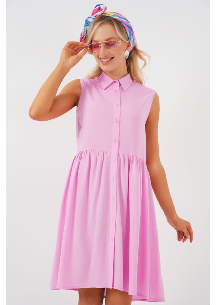 Kadın BDART Gömlek Yakalı Kolsuz Düğmeli Midi Elbise Pink