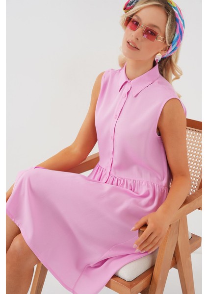 Kadın BDART Gömlek Yakalı Kolsuz Düğmeli Midi Elbise Pink fiyatları