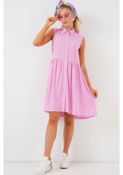 Kadın BDART Gömlek Yakalı Kolsuz Düğmeli Midi Elbise Pink modelleri