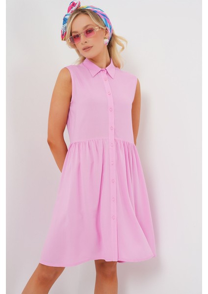 Kadın BDART Gömlek Yakalı Kolsuz Düğmeli Midi Elbise Pink fırsatları