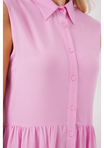 Kadın BDART Gömlek Yakalı Kolsuz Düğmeli Midi Elbise Pink indirimleri