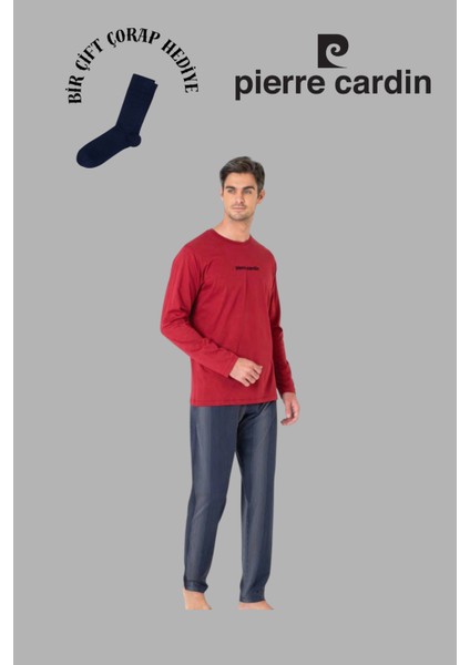 Erkek Bordo Uzun Kol Pamuklu Pijama Takımı 1 Çift Çorap Hediyeli