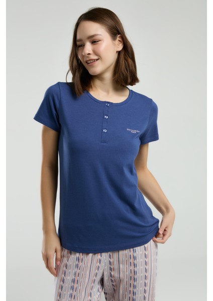 Kadın Indigo Cepli Kısa Kollu Pijama Takımı R.o.8.9.z.e.5.6..l.t.