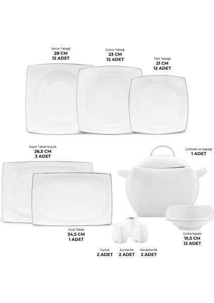 Yeni Karmen 60 Parça 12 Kişilik Yemek Takımı Kare Platin
