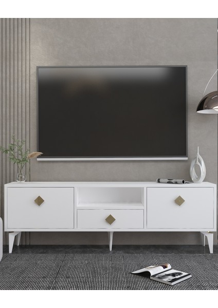 1304DROPDD-1 Tv Sehpası Beyaz-Altın Kulp