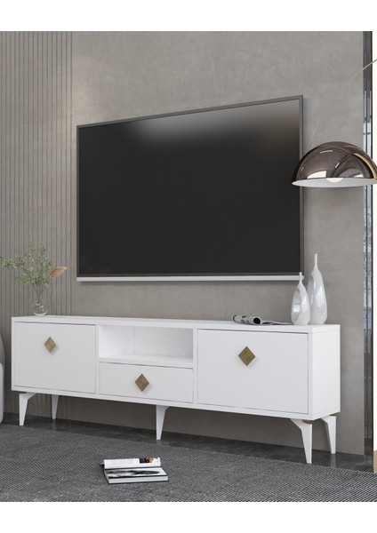 1304DROPDD-1 Tv Sehpası Beyaz-Altın Kulp