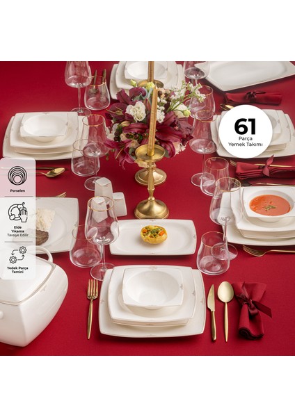 Fine Bone Estiva Gold 61 Parça 12 Kişilik Kare Yemek Takımı fiyatları