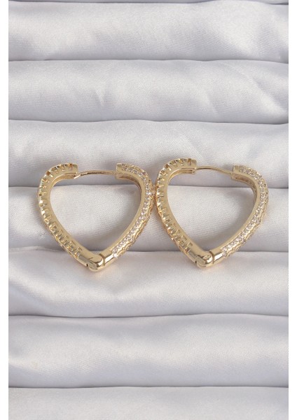 Pirinç Gold Renk Zirkon Taşlı Motifli Kalp Küpe - TJ-BKP9285