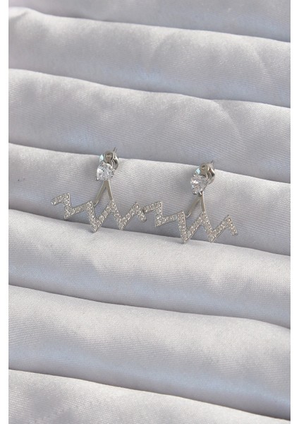 Pirinç Gümüş Renk Zirkon Taşlı Zikzak Küpe - TJ-BKP9302