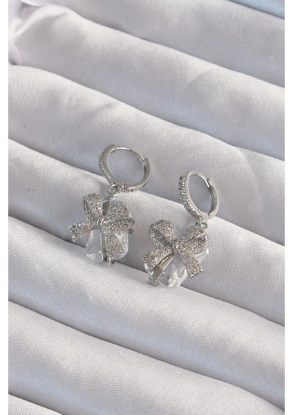 Pirinç Gümüş Renk Iri Zirkon Taşlı Fiyonk Model Halka Küpe - TJ-BKP9312