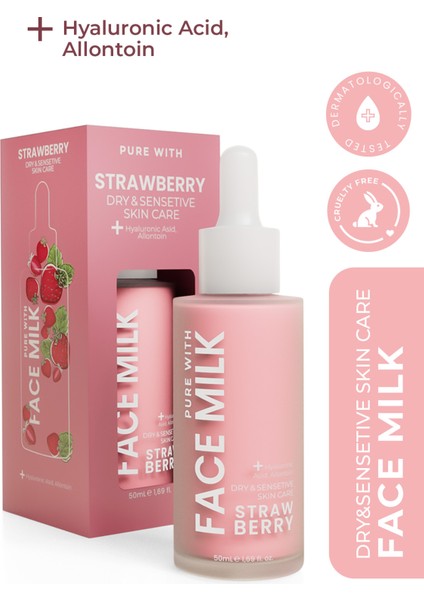 Çilek Özlü Kuru ve Hassas Ciltler İçin Yoğun Nemlendirici Yüz Sütü 150 ml (Hyaluronic Asit, Allontoin)