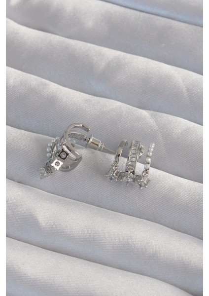 Pirinç Gümüş Renk Incili Çoklu Zirkon Taşlı Yarım Halka Küpe - TJ-BKP9316 fiyatları