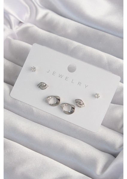 Pirinç Gümüş Renk Zirkon Taşlı Yaprak Model Küpe Seti - TJ-BKP9324