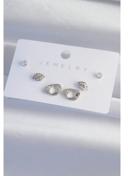 Pirinç Gümüş Renk Zirkon Taşlı Yaprak Model Küpe Seti - TJ-BKP9324 fiyatları