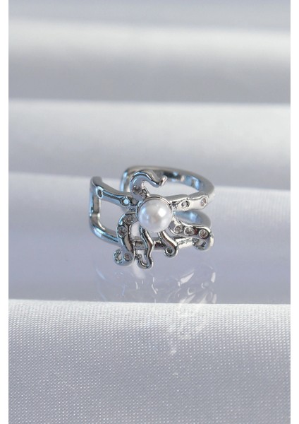 Pirinç Gümüş Renk Incili Ahtapot Earcuff Küpe - TJ-BKP9332