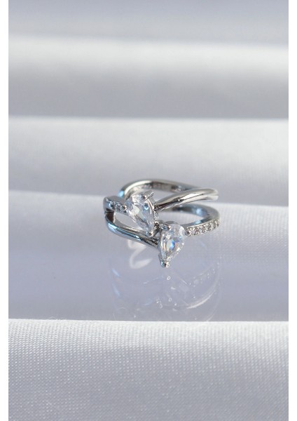 Pirinç Gümüş Renk Zirkon Taşlı Damla Earcuff Küpe - TJ-BKP9334