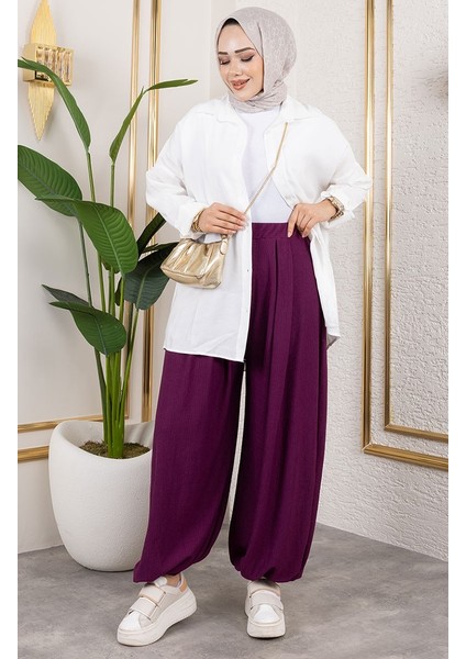 Beli Lastikli Şalvar Pantolon 0001-04 Mürdüm