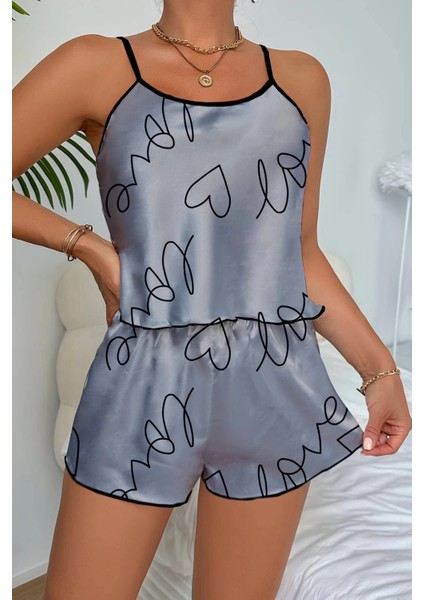 Love Baskılı Gri Saten Şortlu Gecelik Takım fiyatları