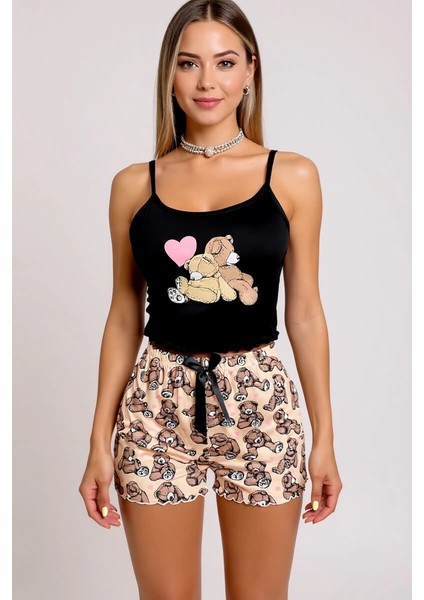 Renkli Ayıcık Desenli Askılı Şortlu Kadın Pijama Takımı