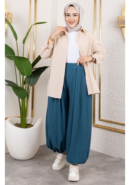 Beli Lastikli Şalvar Pantolon 0001-03 Petrol