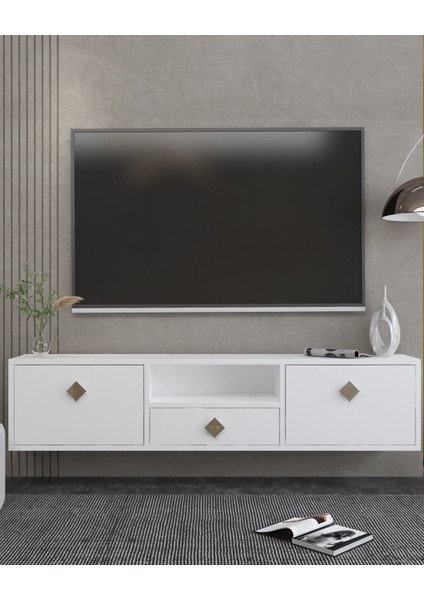 1305DROPDD-1 Duvara Montaj Tv Sehpası Beyaz-Altın Kulp
