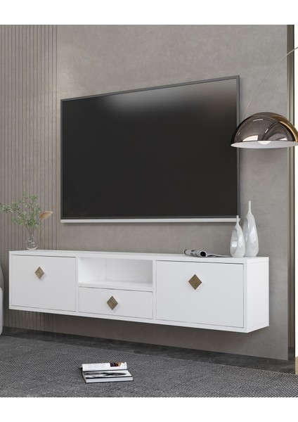 1305DROPDD-1 Duvara Montaj Tv Sehpası Beyaz-Altın Kulp
