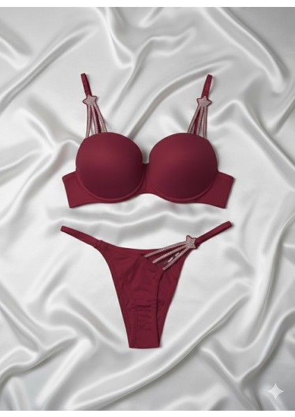 Trend Yıldız Taşlı Push-Up Sütyen & String Takım - Beyaz, Kırmızı, Siyah, Yeşil, Bordo modelleri