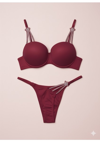 Trend Yıldız Taşlı Push-Up Sütyen & String Takım - Beyaz, Kırmızı, Siyah, Yeşil, Bordo fırsatları