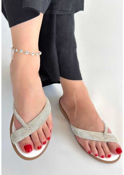 Eday Gümüş Boncuk Işlemeli Terlik