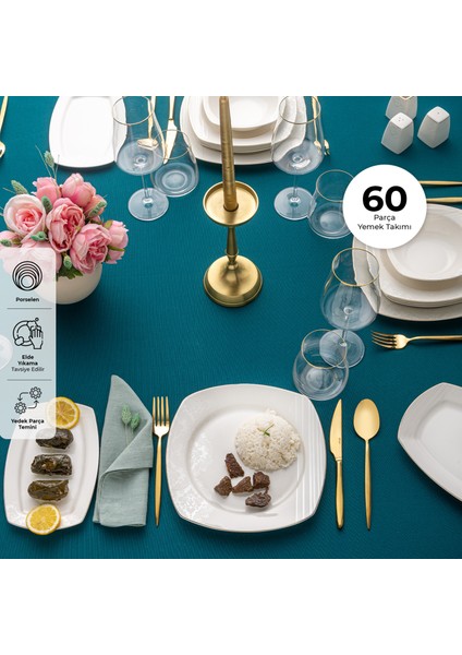 Bone Yeni Nilüfer 60 Parça 12 Kişilik Yemek Takımı Yarım Kare fiyatları