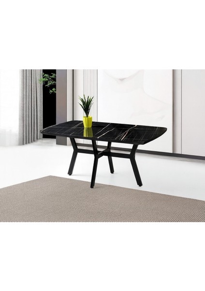 Parlak Ahşap Sabit Yemek Masası Siyah Mermer Desenli 90X160CM Sadece Masa