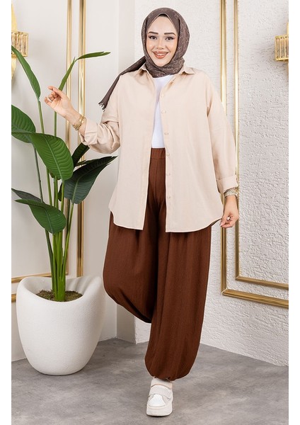 Beli Lastikli Şalvar Pantolon 0001-02 Kahverengi