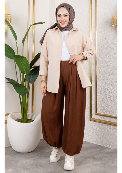 Beli Lastikli Şalvar Pantolon 0001-02 Kahverengi modelleri