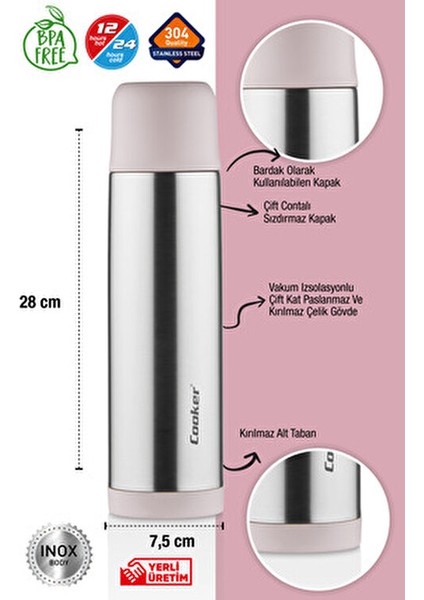 Termos 0,75 Litre Paslanmaz Çelik Sızdırmaz Kapaklı Pudra Pembe CKR2002 modelleri