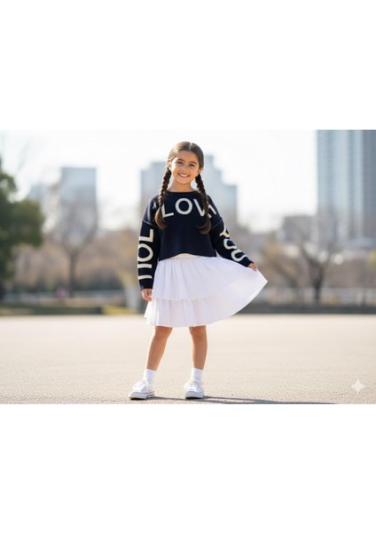 Kız Çocuk 'ı Love You' Yazılı Triko Kazak ve Volanlı Beyaz Etek Takımı - %100 Pamuklu